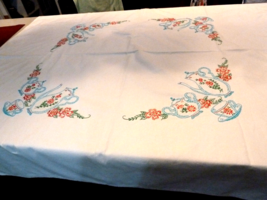 Vintage Linen or heavy cotton Hand Embroidered Tablecloth 48” by 51” Tea party - £16.28 GBP