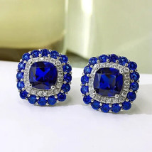 2.50Ct Cushion Simulated Blue Sapphire Halo Stud Earrings 14K White Gold Plated - £32.87 GBP