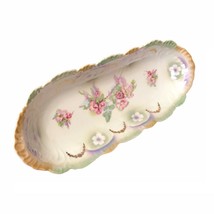 Scalloped Ceramic Oblong Rose Painted Lusterware Dish Bowl Germany Vinta... - $12.45 CAD