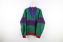 Vtg 90s Lands End Womens Large Faded Color Block Ribbed Knit Henley Sweater USA - £59.16 GBP