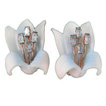 Vintage Blue Lucite Lily Flower Clip On Earrings Rhinestones Costume Frosted - £15.92 GBP