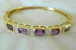 14k Yellow Gold Over Emerald Cut Amethyst &amp; Diamond In 8.00 CT Bangle Bracelet - £138.51 GBP