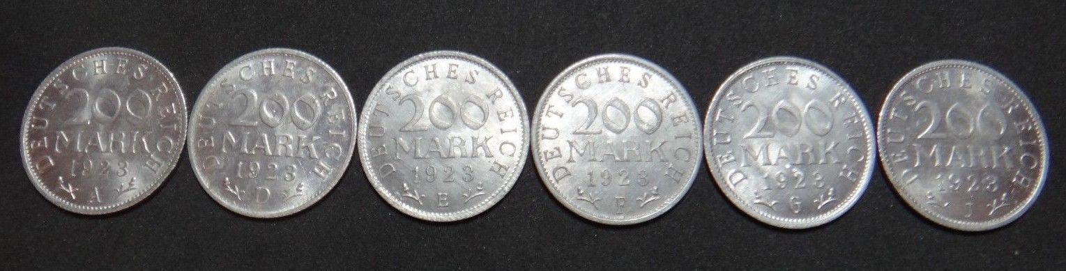 Primary image for GERMANY 6 COIN FULL SET 200 MARK ALU COIN 1923 A - J WEIMAR FULL RARE SET aUNC