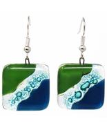 Global Crafts Square Fused Glass Dangle Earrings, Blue Green Waves, Hand... - £13.39 GBP