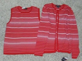 Womens Sweater Set Rafael Sport Cardigan &amp; Tank Top Red White Striped $99-sz L - £28.81 GBP