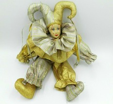 Vintage BRINNS Mardi Gras Jester Doll 15&quot; Porcelain w/ Metallic Costume 1986 - £17.58 GBP