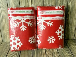 Pair of Holiday Time Red Vinyl Tablecloths w/ White Snowflake Designs 60&quot;x102&quot; - £7.22 GBP