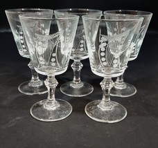 Vintage Etched Harp Design Crystal Wine Glass Stemmed Set of 5 Mid Centu... - $39.59