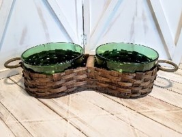 VTG Empoli Green Glass Serving Bowls In Wicker Handled Carrying Caddy MCM &quot;RARE&quot; - $34.64