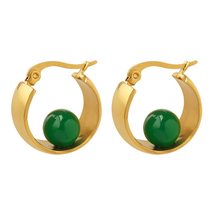 French High-end Green Natural Beads U Shaped Earrings Titanium Steel 18k Gold Pl - £14.48 GBP