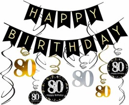 80Th Birthday Decorations Kit Gold Glitter Happy Birthday Banner Sparkling - £11.59 GBP