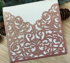 Glitter Pink 50pcs Pocket Wedding Invitation cards,laser cut invitations cards - £54.90 GBP