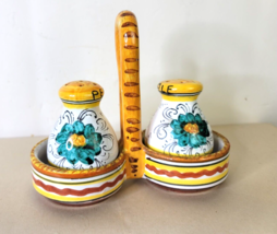 Vintage Flowers Hand Painted Salt And Pepper Shakers Italy. With Caddy - £14.20 GBP