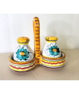 Vintage Flowers Hand Painted Salt And Pepper Shakers Italy. With Caddy - £13.48 GBP