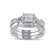 1/2 Ct Princess Cut Simulated Diamond Halo 925 Silver 3-Piece Bridal Set Ring - £102.99 GBP