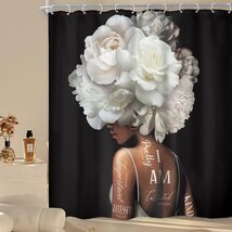 Riyidecor African American Shower Curtain 72x72 White Peony Floral 12 Hooks - $299.15 MXN