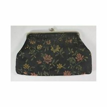 Vintage Black Cotton Stiched Red Yellow Floral Leather Int Small Makeup Clutch - £20.86 GBP