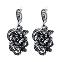 Vintage Crystal Rose Flower Drop Earrings For Women Antique Silver Color Black C - £6.94 GBP