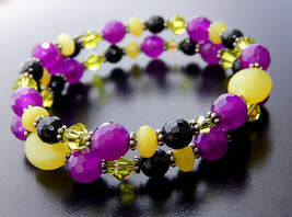 Purple Coil Bracelet, Gemstone Wire Wrap Bangle, Fuchsia Jade, Lime Green Swarov - £23.97 GBP