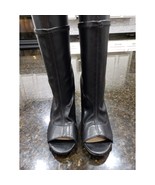 Shoedazzle Noni Sock Booties Women&#39;s Black Leather Peep Toe Block Heel P... - $37.91 CAD