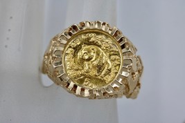 24K Gold 5 Yuan 1/20oz Chinese Panda Coin on 10K Gold Nugget Ring Mount Size 9.5 - £477.64 GBP
