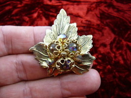 (br-57) Leaf light purple crystals flower gold brass pin pendant brooch jewelry - £21.65 GBP
