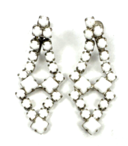 Vintage Milk Glass Dangle Earrings White Chandelier Silver Tone Prong 2&quot; - $45.00