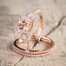 1.10Ct Emerald Cut Peach Morganite &amp; Diamond Bridal Ring Set 14K Rose Gold Over - £67.24 GBP