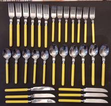 Crown Corning Yellow Riveted Handle Spoon Fork Knife LOT Stainless Flatware - $118.74