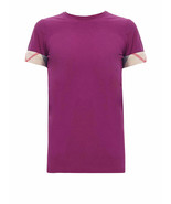 new BURBERRY Women&#39;s Short Sleeve Check Cuff Stretch Cotton Tee in Magen... - $115.00