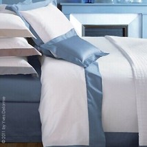 Yves Delorme White Queen Flat Sheet Blue Wide Border Sateen Baltic Cocon NEW - £78.79 GBP