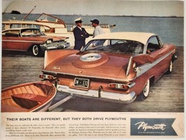 1959 Print Ad Plymouth Fury 2-Door Car on Dock Huge Boat on Lake - $20.44
