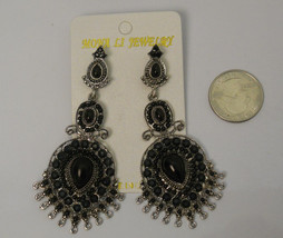 MONA LI JEWELRY Earrings Drop Dangle Silver Tones Black Beads Push Back Fastener - £6.39 GBP