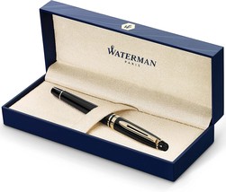 Waterman Expert Fountain Pen, Gloss Black with 23k Gold Trim, Medium Nib with - £90.07 GBP