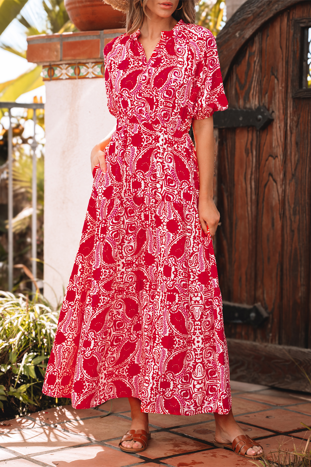 Red Paisley Print Side Slit Puff Sleeve High Waist Maxi Dress Item image 4