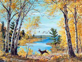 FRAMED CANVAS Art print giclee along the north shore deer in forest nature birds - £31.64 GBP+