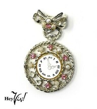 Vintage 2&quot; Pin - Ornate Pearl &amp; Rhinestone Clock / Pocket Watch w Bow - Hey Viv - £9.74 GBP