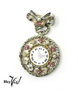 Vintage 2&quot; Pin - Ornate Pearl &amp; Rhinestone Clock / Pocket Watch w Bow - ... - £9.40 GBP