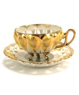 Footed Porcelain Cup and Reticulated Saucer, Yellow &amp; Gold Lusterware, J... - $33.42 CAD
