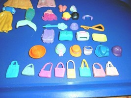 Polly Pocket Items Hats Wigs Purses Dresses Dog Basket Dish Lot 31 Misc Pieces - £14.15 GBP
