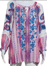 NWT John Mark Embroidered Split Neck 3/4 Sleeve Tie Front Shirt L Pink Bohemian - £30.12 GBP