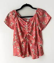 Self Esteem Pink Palm Tree Print Peplum Short Sleeve Shirt with Buttons ... - $11.87