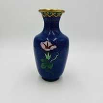 Cloisonné Vase 8in Chinese Enamel Floral Blue Vintage Flower Design  - £54.60 GBP