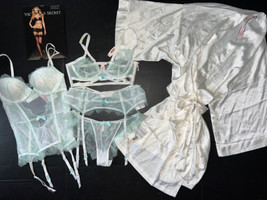 Victoria&#39;s Secret 34B Bra Set+Garter Corset+M Robe White Mint Blue Bridal I Do - £211.20 GBP