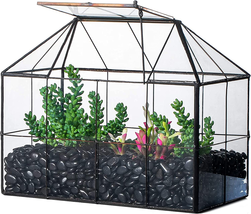 Black Glass Terrarium Planter with Lid - Grid House Shape Geometric Terrarium fo - £47.97 GBP