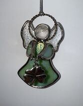 Handcrafted Stained Glass Angel Ornament 3.5” Iridescent Green w/ Clover... - $18.42