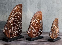 Balinese Wood Handicrafts Tropical Floral Angel Fish Family Set of 3 Fig... - €22,34 EUR