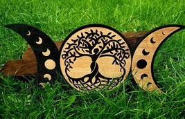 Handmade Wooden wall Decor Viking Tree of Life Pagan Witch Moon Home Office - $32.77