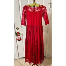 Red Christmas Dress Lace Detail Three Layers Under Skirt 3/4 Sleeves Holiday - £27.40 GBP