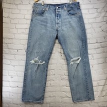 Levi Levis 501 Button Fly Jeans Mens Sz 38X30 Distressed Work Light Wash  - $19.79